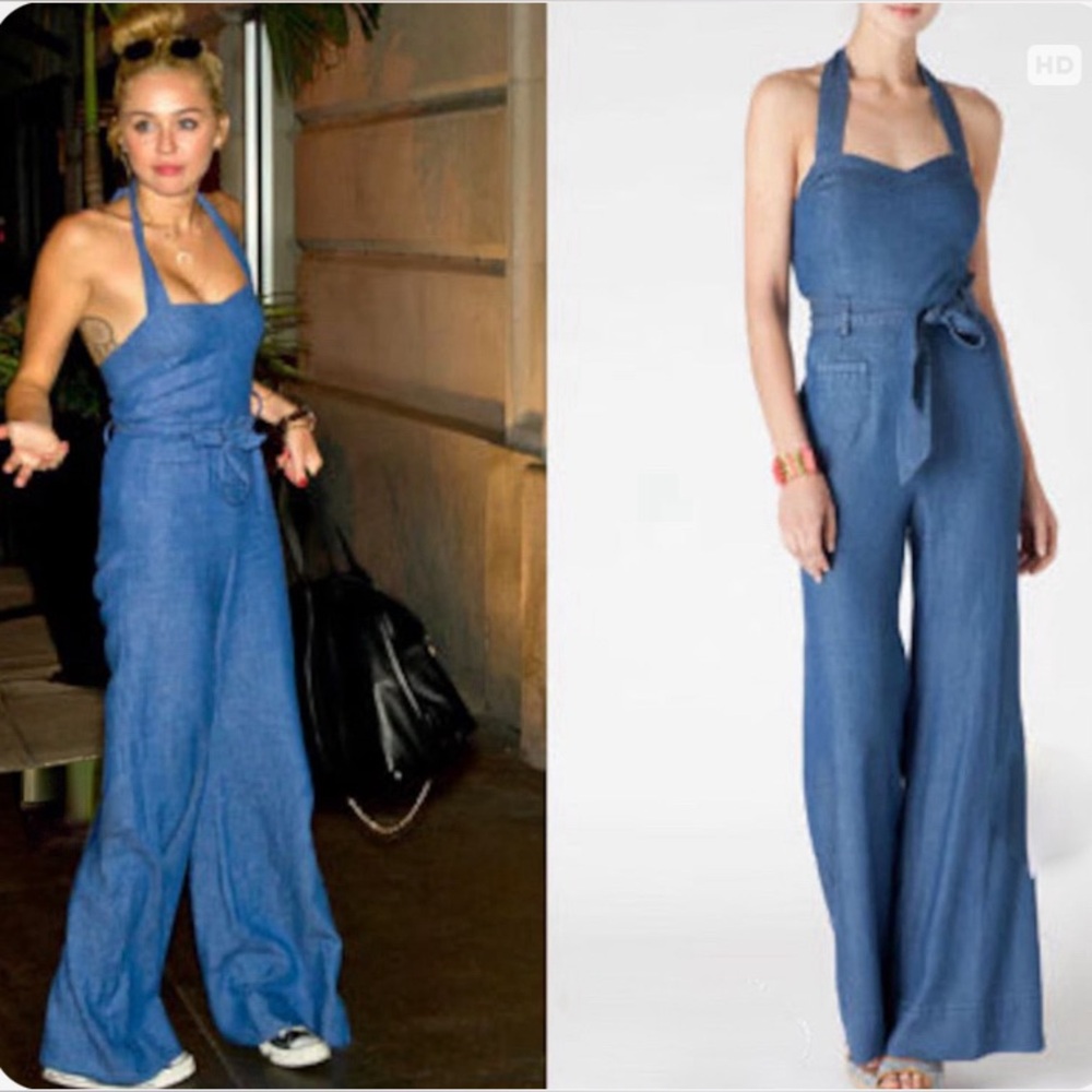 Anthropologie Denim Blue Halter Jumpsuit